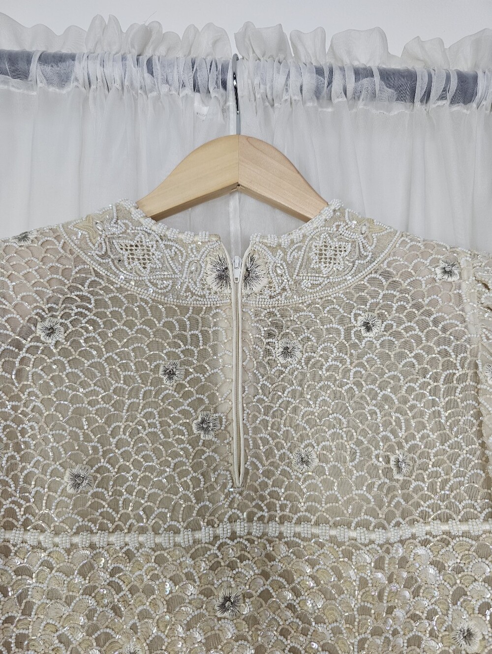Vintage Mary McFadden Couture Beaded Gown 80s Cream Marii Pleat Stunning Rare - Picture 7 of 16